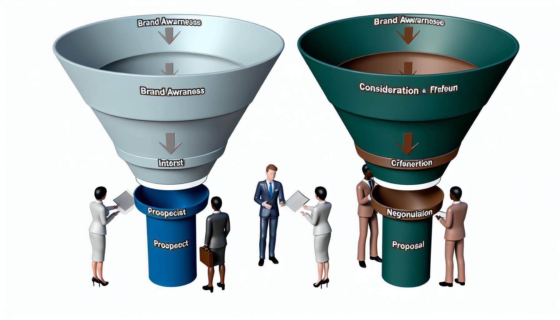 A detailed image representing a comparison between the Marketing Funnel and Sales Funnel, highlighting the different roles of Marketing and Sales team