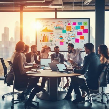 The image depicts a modern, sleek office environment where a diverse group of real estate marketing professionals collaborates around a large, circula